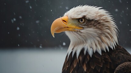 A close-up of a bald eagle's head in the snow