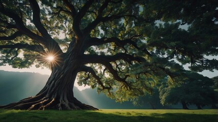 Fototapeta premium A large tree with wide branches and roots, bathed in sunlight
