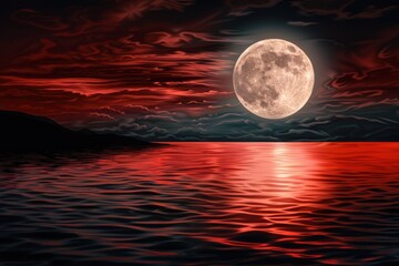 Ominous red moon casts eerie glow on blood-soaked river, surrounded by twisted, ancient trees on a haunting autumn night.. Beautiful simple AI generated image in 4K, unique.