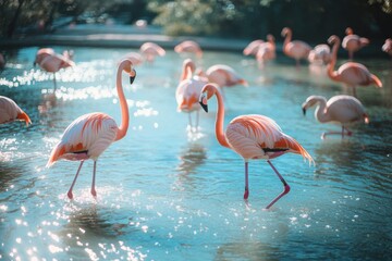 Fototapeta premium A group of pink flamingo in the lake
