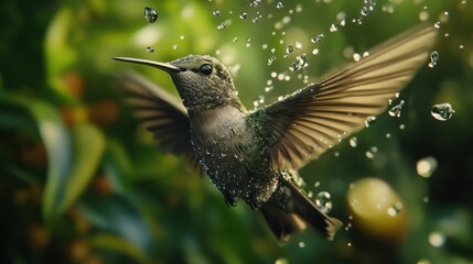 Fototapeta premium Wet Hummingbird Flying Amidst Water Droplets In Lush Greenery, Showcasing Grace And Vivid Beauty In Nature.