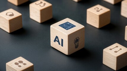 A digital marketing concept featuring a blue light bulb, wooden cubes, and a people icon, illustrating innovation in artificial intelligence and business strategy