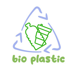 Recycle Bio plastic logo icon, Pet bottle and pot with arrows recycling sign, Reusable ecological preservation concept, Isolated on white background, Vector illustration.