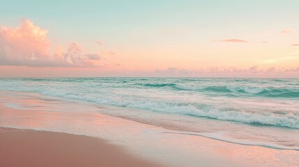 Serene Ocean Beach Sunset with Soft Pink Clouds and Turquoise Waves