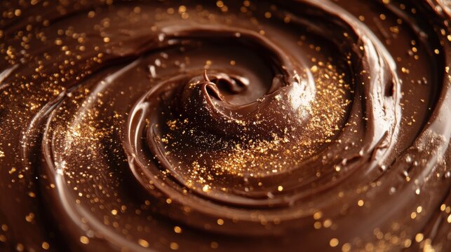 Smooth Dark Chocolate Swirl With Shimmering Golden Glitter, Creating A Rich And Appealing Visual.