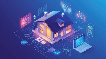 Obraz premium Illustration Of A Smart Home With Interconnected Devices And Cloud Technologies, Set In Digital Blue Artwork.