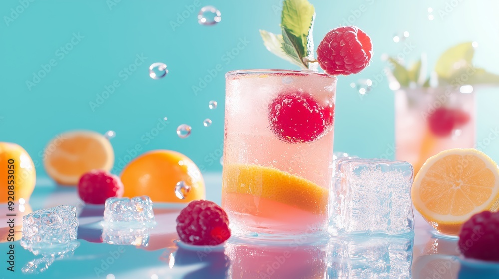 Poster refreshing raspberry lemonade served with ice and lemon slices on a vibrant blue background
