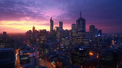 Fototapeta premium Melbourne Skyline at Dusk with Purple and Orange Sky