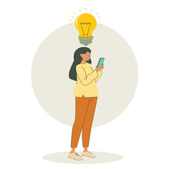 Minimalist drawing of a girl on her phone, symbolizing a new idea with a light bulb.
