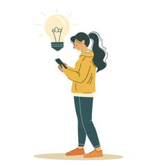 Minimalist drawing of a girl on her phone, symbolizing a new idea with a light bulb.
