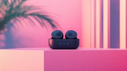 Wireless earbuds in charging case with pink background
