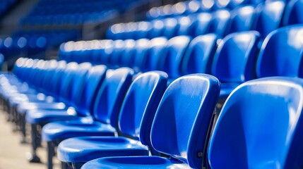 Blue seats on the grandstand of the football stadium.