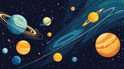 Artistic Representation Of The Solar System With Colorful Planets And Cosmic Elements In Space.