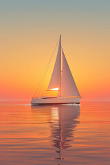 Modern sailboat sailing at sunset reflecting on calm sea illustration