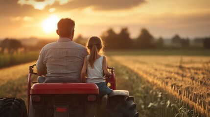 Fototapeta premium A farmer father rides a tractor with his daughter on the family farm.