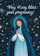 Pregnant Our Lady, Virgin Mary blessing greeting card. Easy pregnancy wishing, colorful illustration, cartoon style, christianity postal card