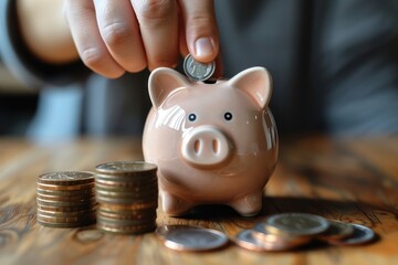 Saving Money: A Hand Placing a Coin in a Piggy Bank
