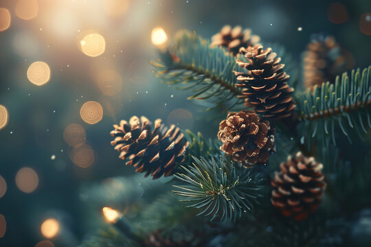 Close Up of Pine Cones on a Christmas Tree Branch