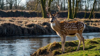 A deer with antlers is drinking from a river in a grassy field