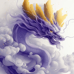 A purple golden dragon gracefully walks, surrounded by flowing designs and golden circular elements