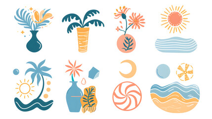 Obraz premium Abstract beach icons set, vector illustration with hand drawn shapes and symbols of sun, palm tree, waves, vase flower, sand dune isolated on white background. Flat design. Vector Illustration. 