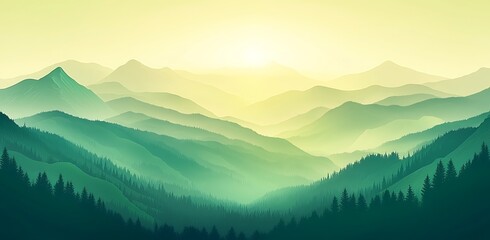 Mountain Range with a Misty Sunrise over a Forest.