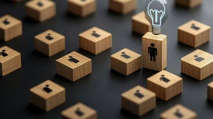 Fototapeta premium A blue light bulb symbolizes artificial intelligence, encircled by wooden cubes, reflecting business innovation and digital marketing strategies