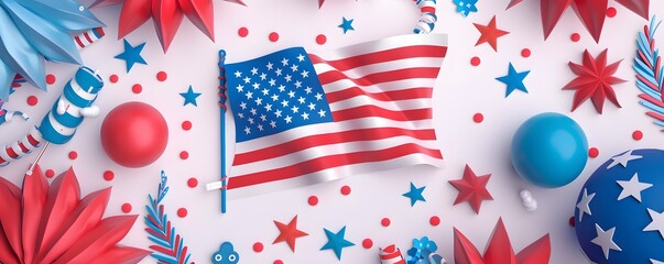 Obraz premium American Flag and Festive Decorations on a White Background