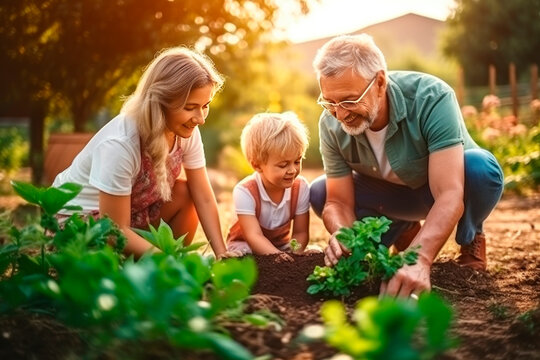 family, grandfather grandmother and granddaughter daughter. and a girl They are planting plants and vegetables in the garden; they are planting plants