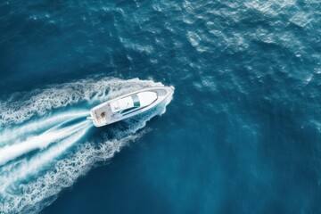 Naklejka premium a beautiful modern white yacht sails on the blue sea and ocean, leaving a wave trail. top view