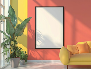 Colorful Interior Poster Mockup Template Modern Living Room Print On Demand Wall Art Bright Colors Yellow Red Minimalist Home Decor Sunlit Space Tropical Plant Vibrant Concept Copy Space POD Banner Ad