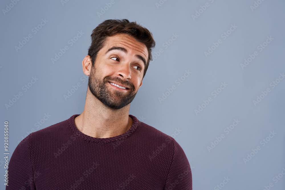 Aufkleber Man, thinking and happy in studio with space for mock up with choice, reflection or memory by background. Person, smile and perspective with decision, insight and remember with ideas in Australia