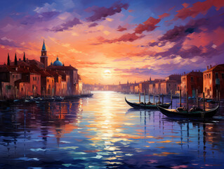 Fototapeta premium Especial sunset with boats, buildings and water. sun light. toning. burano, italy.