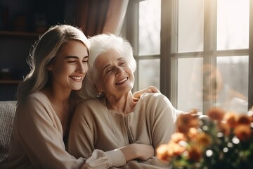 Fototapeta premium grayhaired woman grandmother mother and adult daughter sitting comfortably on the sofa and hugging