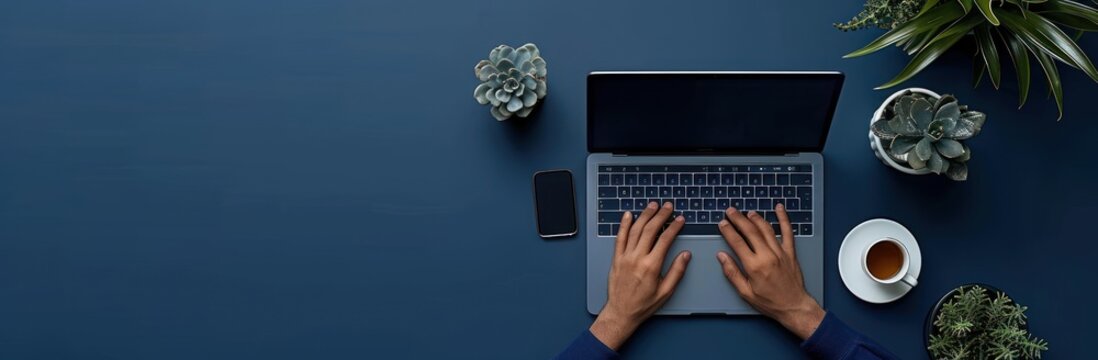 Laptop with a cup of coffee, and potted plants on a blue desk