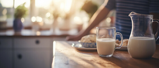 Glass pitcher and filled glass of milk on a wooden kitchen counter in a sunlit morning scene, representing a calm and healthy breakfast setting at home.