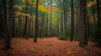 Obraz premium Majestic Forest Path with Golden Autumn Leaves and Tall Pine Trees.