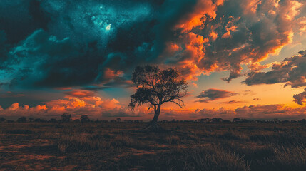 Obraz premium Silhouette of a Lone Tree Against a Dramatic Sunset and Starry Sky.