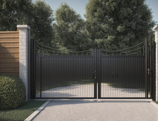 A black gate with a chain link fence on the side