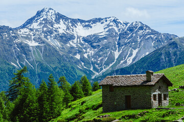 Obraz premium The Alpe Ledine with its typical houses and high mountain pastures, near the town of Chiavenna, Lombardy - June 15, 2024