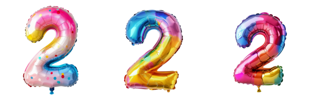 Colorful birthday number two balloons isolated on transparent background