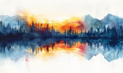 Watercolor abstract twilight reflections on white.