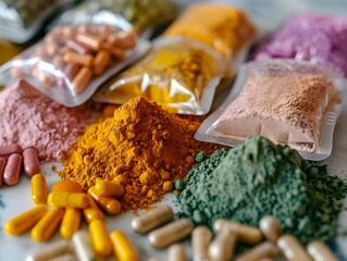 A variety of colorful powders and capsules arranged on a surface with natural light illuminating the scene