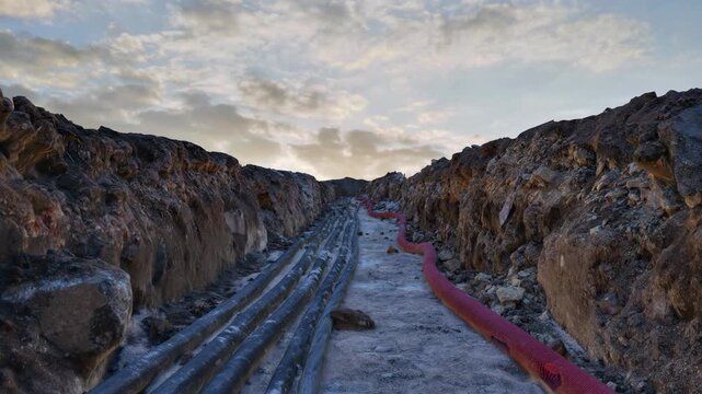 A camera moves through a dug trench of earth, stone, and clay lined with pipes and cables.