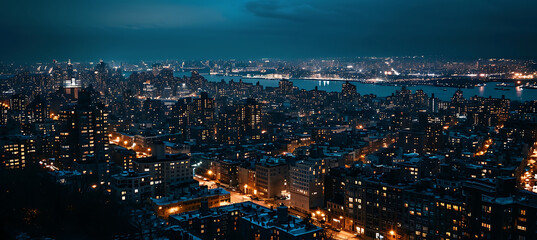 Obraz premium A Vibrant City Skyline During Twilight with Hazy Glow and Reflections 