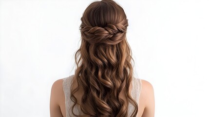 Fototapeta premium Half Up Half Down Hairstyle with Soft Curls on White Background