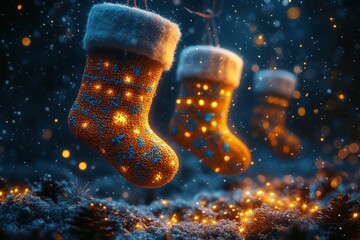 magical christmas stockings floating in a starry night sky each emitting soft colorful light and trailing sparkles as shooting stars pass by