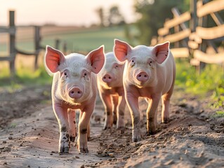 Three young pigs walk along a dirt pathway near a wooden fence in a rural farm setting during sunset