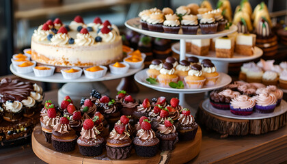 delightful assortment of desserts, including cakes, cupcakes, and pastries, beautifully arranged on a wooden table