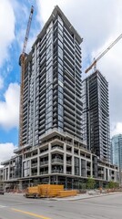 Obraz premium Construction of high-rise residential buildings is underway, with cranes and building materials highlighted against the cloudy sky in an urban landscape